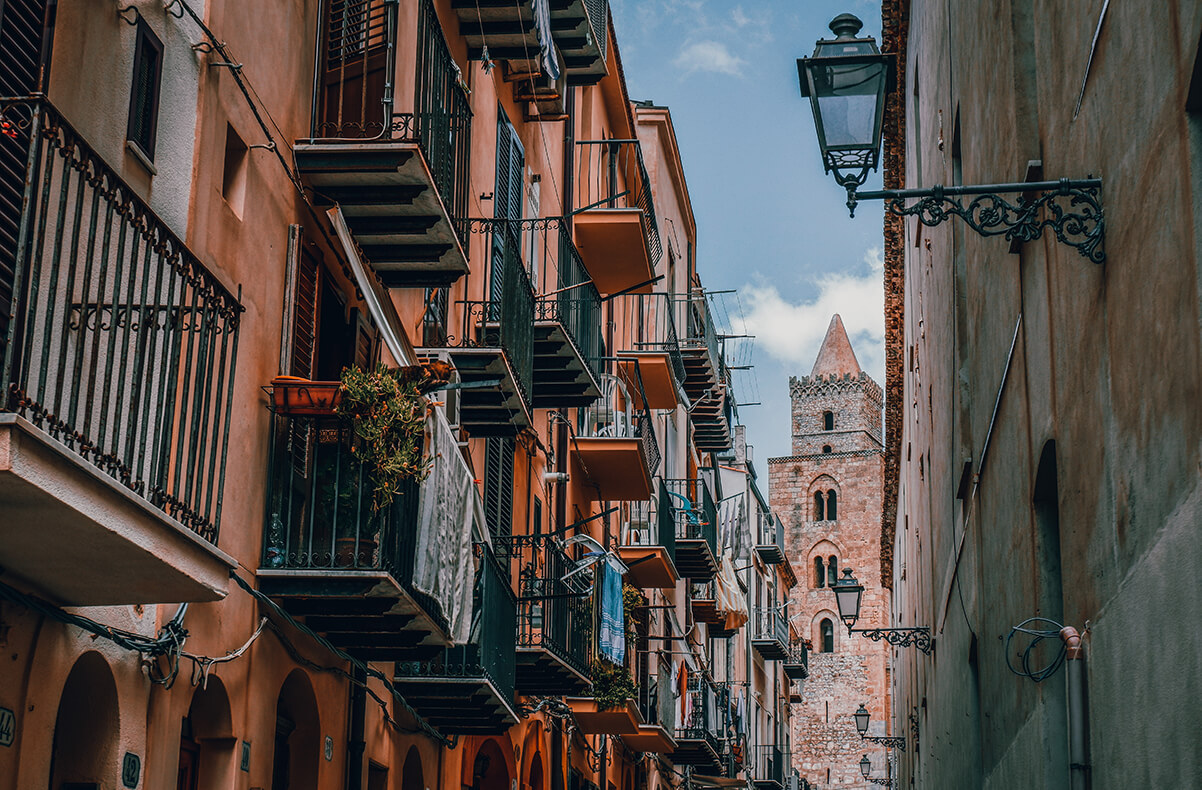Colorful houses with terrace in cefalu sicily