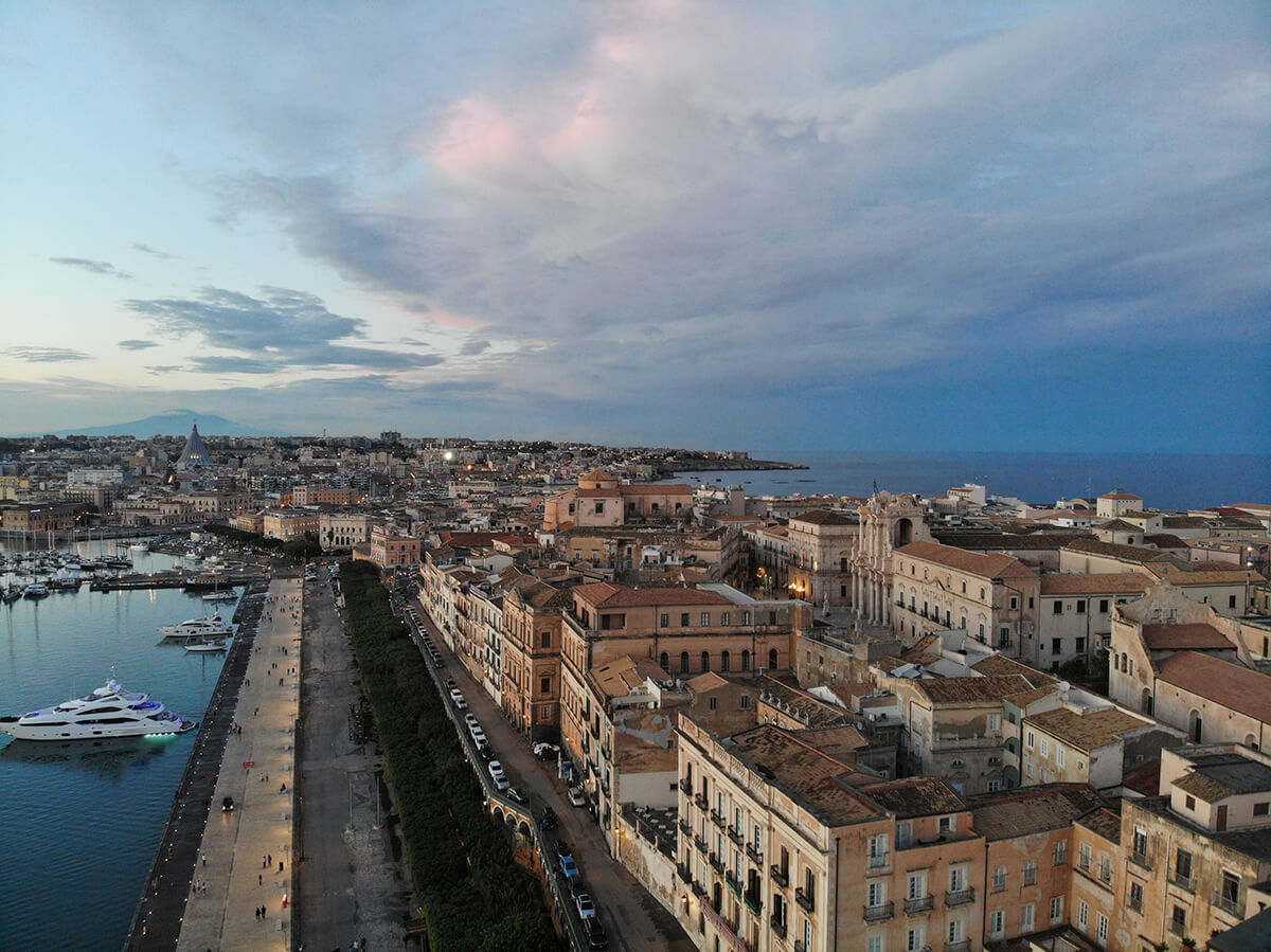 drone shot over the island Ortigia in sicily