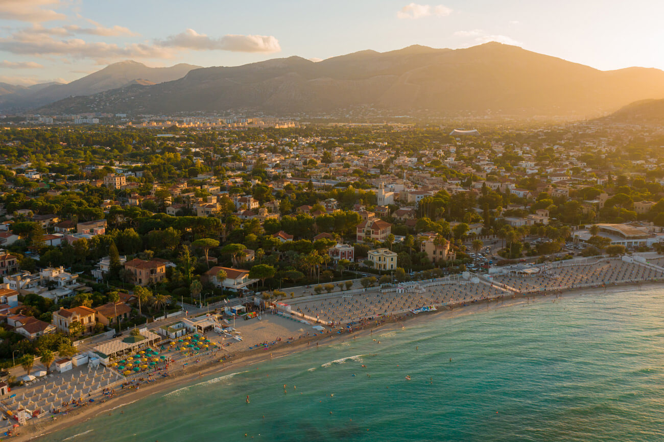 drone shot over Mondello beach near palermo sicily