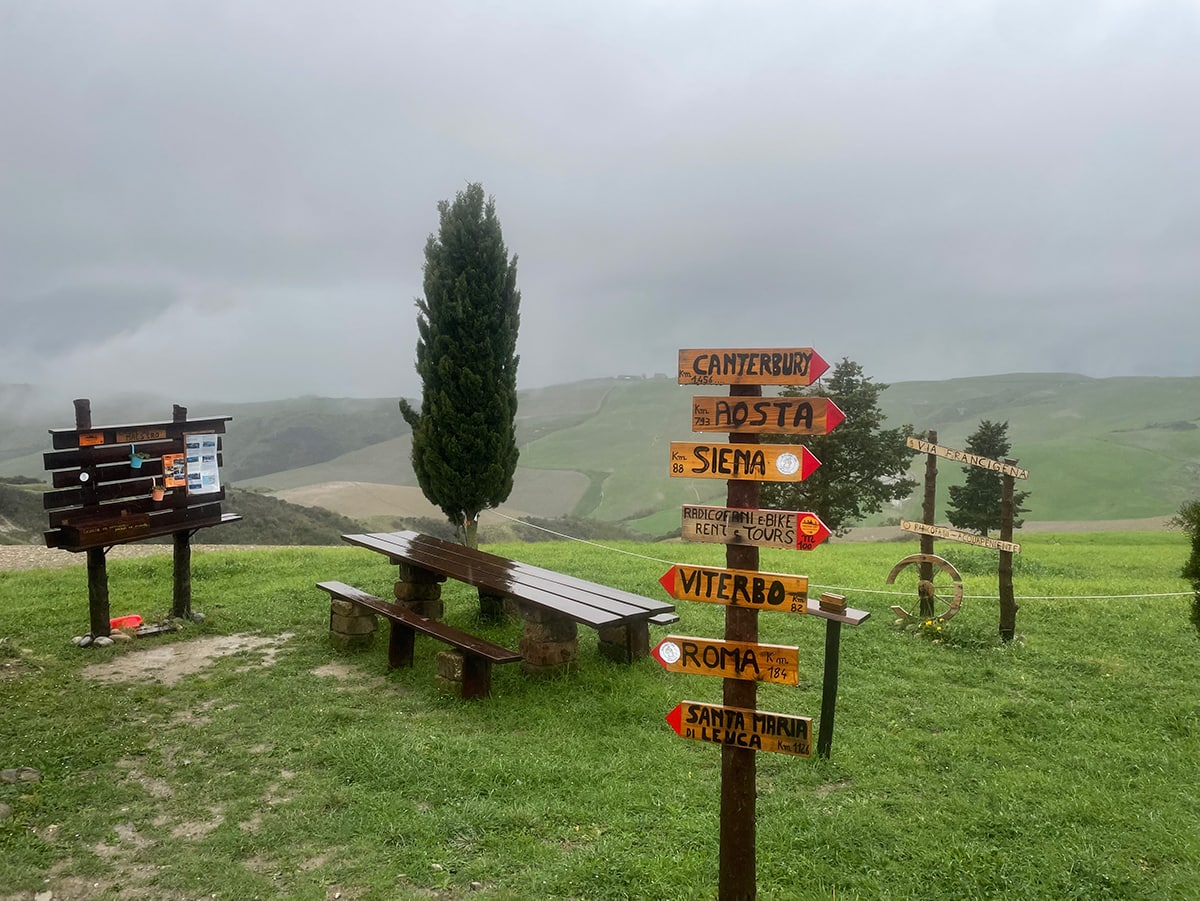 via francigena sign on the rain